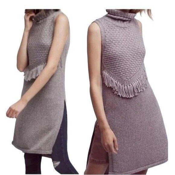 Anthro Nomad Morgan Carper Gray Fringe Sleeveless Side Slit Tunic Sweater Dress - Picture 2 of 14